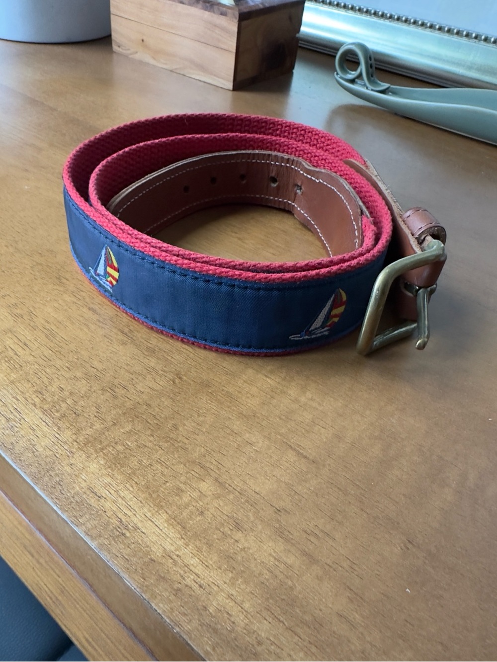 Men's Nautical motif Embroidered Canvas Belt - Red and Navy size 34